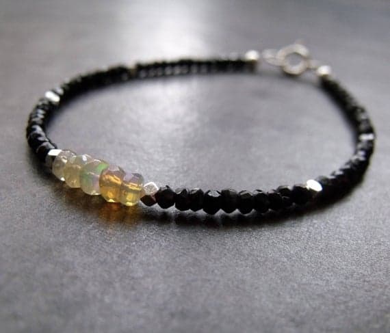 Ethiopian Opal and Black Spinel Dainty Sterling Silver Gemstone Stacking Bracelet Gemstone Bracelet 4-5 mm Code- WAR6500