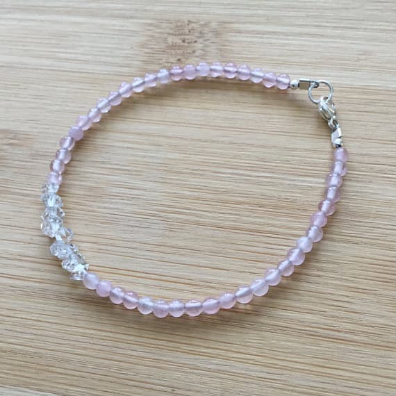 925 sterling Silver good luck gift 3mm stacking Pink Rose Quartz and Herkimer Diamond Bracelet Round, Smooth 7" for mens, womens.