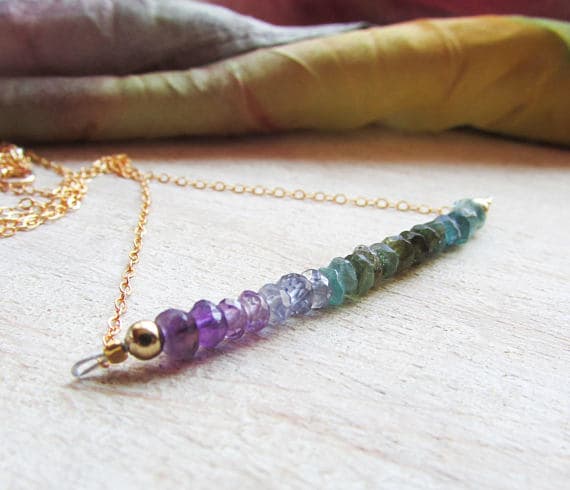 Ombre necklace, Gradient stone, Multicolor stone, Amethyst Tourmaline, Green Purple, rainbow, Boho, romantic, unique colorful, Nature lover 3-4mm Code- WAR6772