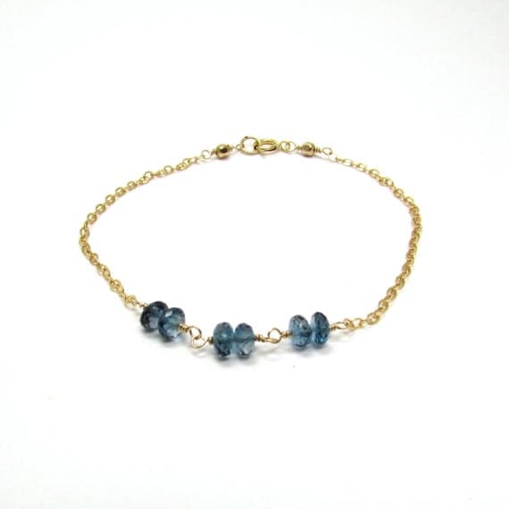 24k gold Plated Anxiety Gemstone 4 mm Adjustable Stracking blue London blue topaz Bracelet Rondelle, Faceted 7" for mens, womens, GF, BF, Adults.