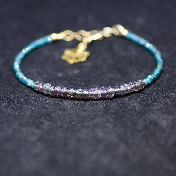 24k gold Plated good luck gift 3-4.5mm stacking Blue & Purple Alexandrite and Moss Apatite Bracelet Rondelle, Faceted 7" for mens, womens, gf, bf & Adult.