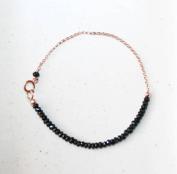 24k gold Plated Jewelry Energy 3mm stacking Black Black Spinel  Bracelet Rondelle, Faceted 7" for mens, womens.