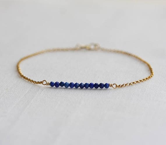 24k gold Plated Artisan Loose 2.5mm stacking Blue lapis lazuli  Bracelet Round, faceted 7" for mens, womens, gf, bf & Adult.