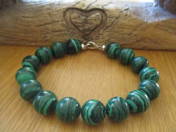 925 sterling silver Unique Wedding Gift 12mm Green Green Malachite stacking Bracelet Round, Smooth 18cm for mens, womens, gf, bf and adults.