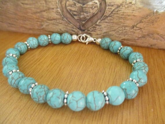 925 sterling silver Bridesmaid Jewelry 8mm Sky Blue Blue Turquoise and Flower Spacer stacking Bracelet Round, Smooth 18cm for mens, womens, gf, bf and adults.
