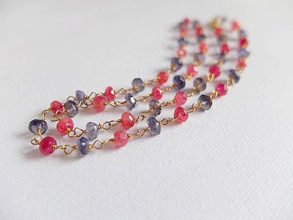 AAA++ Rare Quality Iolite and raspberry red agate roundels necklace,handmade with Gold  filled wire,multi gemstone necklace, red blue gemstone, Gold  filled 3/4 mm Code- TJH174