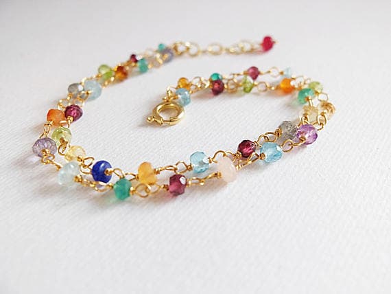 AAA++ Rare Quality Multi Gemstone colorful,double strand,Gold  filled,bracelet,Garnet,Quartz,Aquamarine,smocky Quartz, Amethyst,Labradorite multicolor gemstone 2/3 mm Code- TJH111