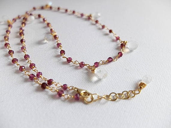 AAA++ Rare Quality Gemstone Gold  filled necklace,Garnet and moonstone necklace,Garnet Gold  filled rosary style necklace with teardrop moonstone briolette 3 mm Code- TJH172