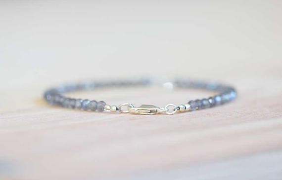 925 sterling silver Galaxy Jewelry 3.75mm Gray Labradorite & Aquamarine stacking Bracelet Round, Faceted 18cm for mens, womens, gf, bf and adults.