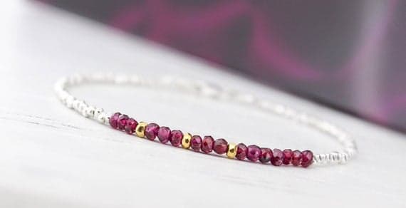 925 sterling Silver Artisan Loose Gold Helling 3mm stacking Red Garnet  Bracelet Round, Faceted 7" for mens, womens.
