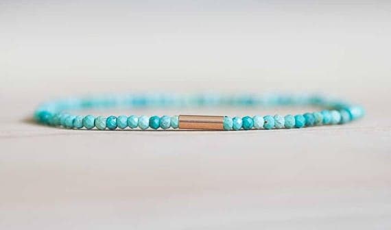 Rose Gold Dainty Slave Loose 2.5mm Blue Turquoise Stretchable Bracelet Round, Faceted 18cm for mens, womens, gf, bf and adults.