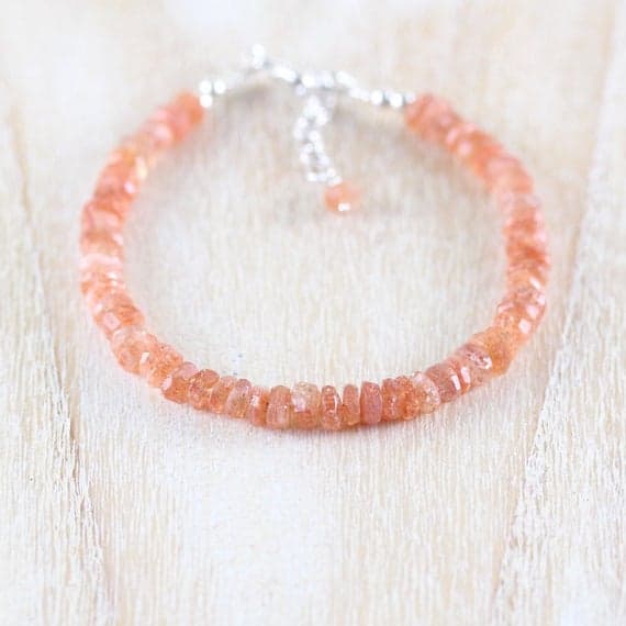 925 sterling Silver Natural 4-5mm stacking Orange Sunstone Bracelet Rondelle, Faceted 7" for mens, womens, gf, bf & Adult.