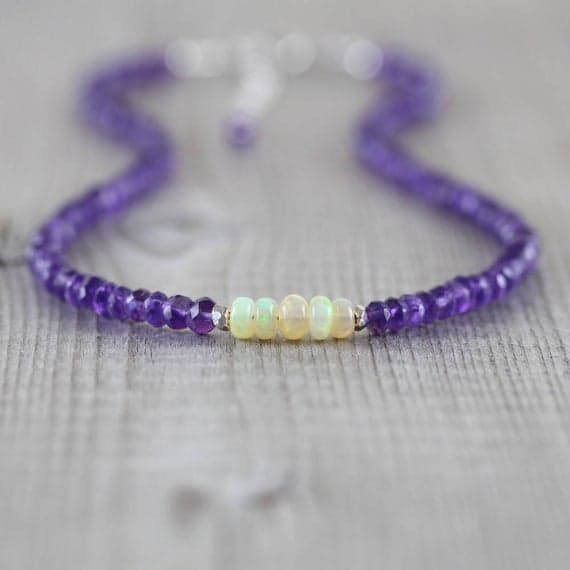 925 sterling Silver Natural Silver Helling 3-4mm stacking Multi Ethiopian Welo Opal & Amethyst  Necklace Rondelle, Faceted & Smooth 16" for mens, womens, gf, bf & Adult.