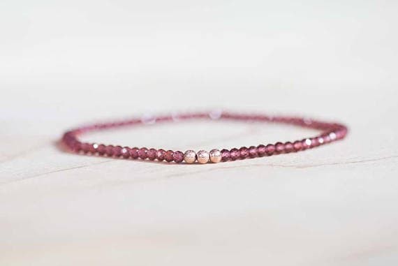 Rose Gold Anxiety Gemstone 3mm Red Garnet Stretchable Bracelet Round, Faceted 18cm for mens, womens, gf, bf and adults.