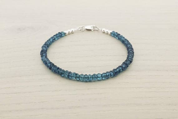 925 sterling Silver Handmade Beaded 3.5-4mm stacking Blue London Blue Topaz  Bracelet Rondelle, Faceted 7" for mens, womens.