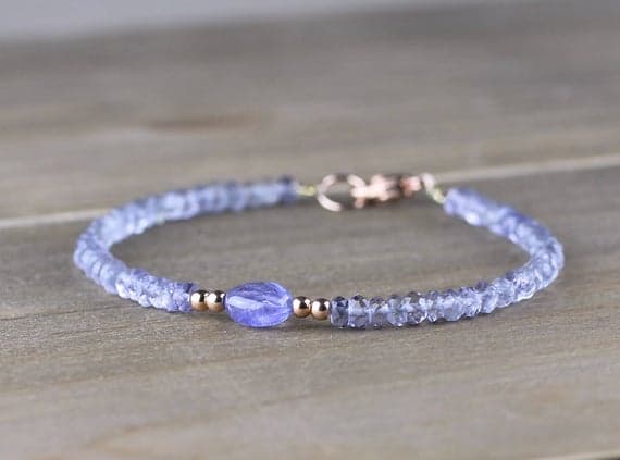 24k gold Anxiety Gemstone 3.5mm Multi Colour Iolite & Tanzanite stacking Bracelet Round, Faceted 18cm for mens, womens, gf, bf and adults.