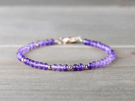 24k gold Natural 3.5mm Purple Amethyst stacking Bracelet Round, Faceted 18cm for mens, womens, gf, bf and adults.