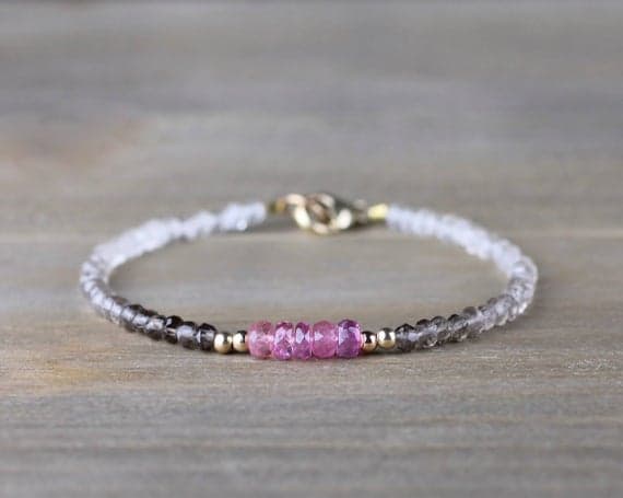 925 sterling silver Empath Protection 3-4mm Multi Colour Ombre Smoky Quartz & Pink Tourmaline stacking Bracelet Rondelle, Faceted 18cm for mens, womens, gf, bf and adults.
