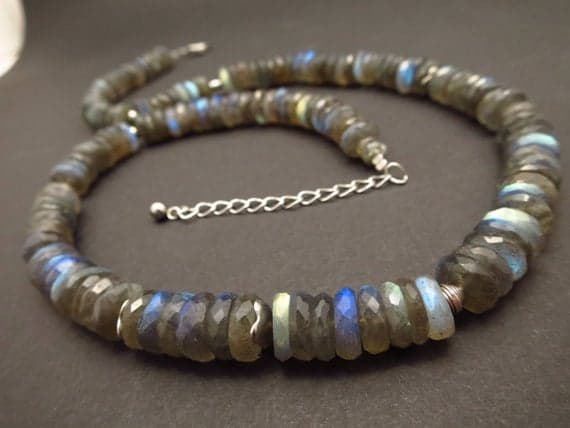 925 sterling Silver Dainty Slave Loose Silver Helling Balls 10mm stacking Gray Labradorite Necklace Rondelle, Faceted 17" for mens, womens.