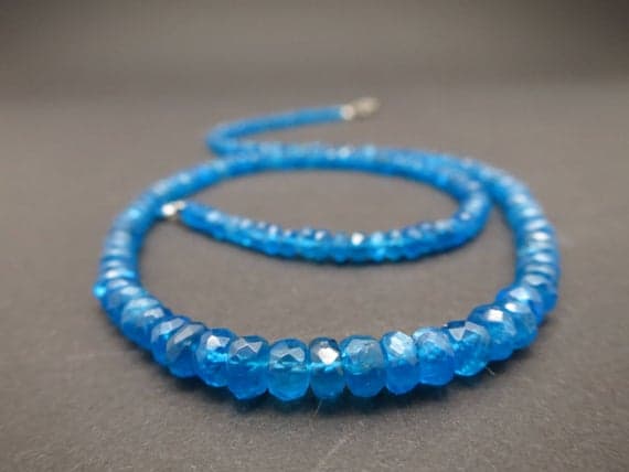 925 sterling Silver Anxiety Relief Calming 4-5mm stacking Blue Neon Blue Apatite Necklace Rondelle, Faceted 17" for mens, womens.