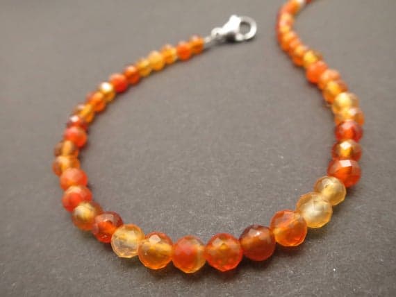 925 sterling Silver Anxiety Gemstone 5mm stacking Orange Carnelian Necklace Round, Faceted 17" for mens, womens.