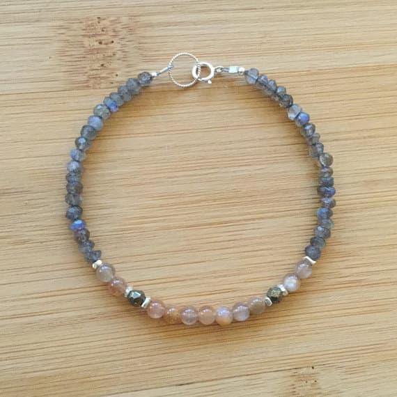 925 sterling Silver Personalized Gift 4mm stacking Multi Labradorite Peach Moonstone Bracelet Round & Rondelle, Faceted & Smooth 7" for mens, womens.