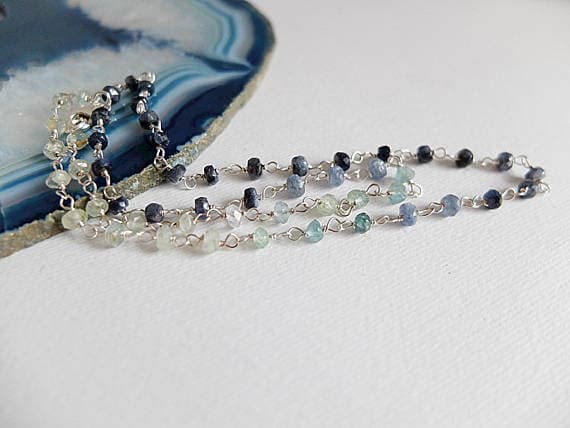AAA++ Rare Quality Ombre Sapphire & Aquamarine handwrapped,rosary style necklace,Silver Platedwire,Sapphire rondelle layering necklace,Aquamarine ombre blue sapphire 3/4 mm Code- TJH171