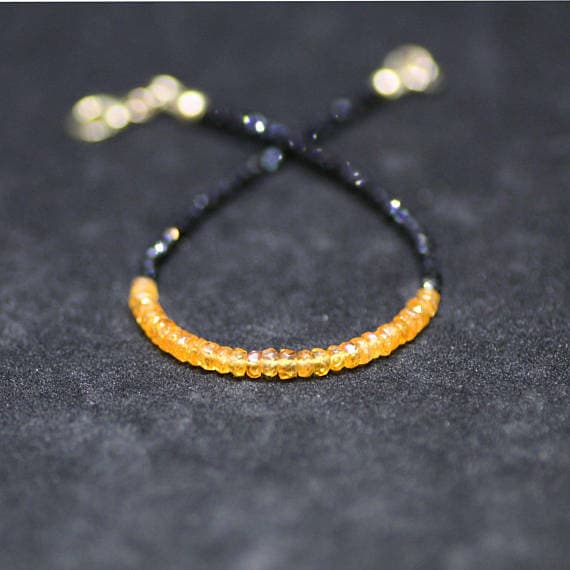 24k gold Plated Personalized Gift 2.5-3mm stacking Black & Yellow Natural Mandarin Orange Garnet and Black Spinel Bracelet Rondelle, Faceted 7" for mens, womens, gf, bf & Adult.