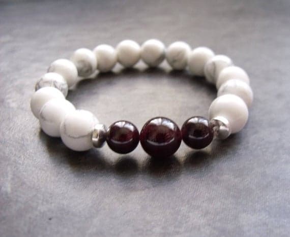 Red Garnet and White Howlite Gemstone Hill Tribe Silver Unisex Stretch Yoga Bracelet Boho Bracelet Stacking Bracelet 10mm and 8mm Code- WAR6490