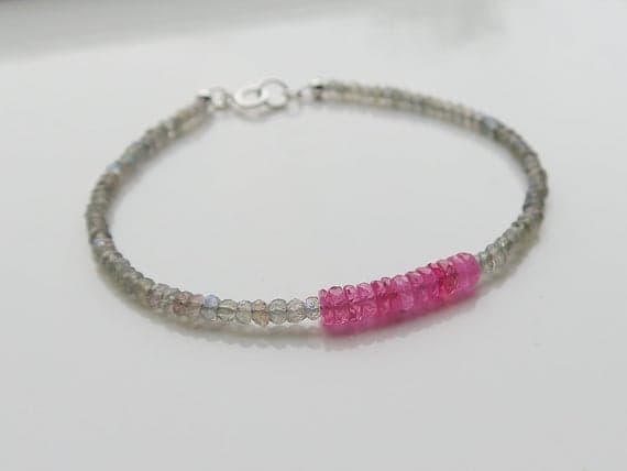 925 sterling Silver Dainty Slave Loose 3mm stacking Multi Pink Tourmaline & Labradorite Bracelet Rondelle, Faceted 7" for mens, womens.
