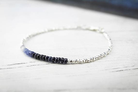 925 sterling Silver Natural Silver Helling 3mm stacking Black OMBRE SAPPHIRE Bracelet Rondelle, Faceted 7" for mens, womens.