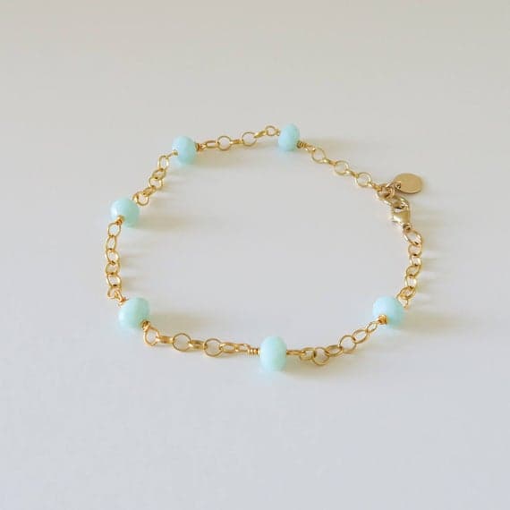 24k gold Plated Positive Energy 5mm stacking Aqua  Amazonite Bracelet Rondelle, Smooth 7" for mens, womens.