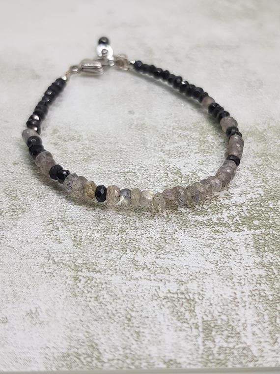 Labradorite and Black Spinel Petite Stacking Bracelet. All Quality Gemstone on Steel Clasps 3x1 to 4x1mm Code- WAR6804