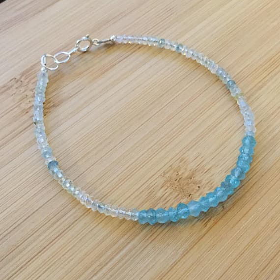 925 sterling Silver chakras simple 2-3mm stacking Multi Aquamarine Bracelet Rondelle, Faceted 7" for mens, womens.