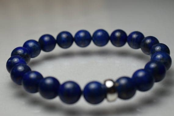 Dainty Slave Loose Silver Helling Balls 8mm Stretchable Blue Lapis Lazuli Bracelet Round, Smooth 7" for mens, womens.