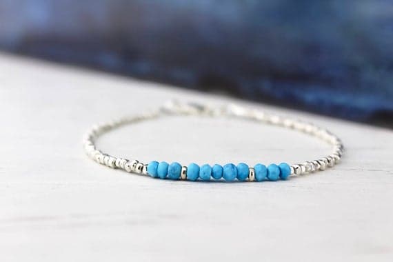 925 sterling Silver Anxiety Relief Calming Silver Helling 3mm stacking Blue TURQUOISE Bracelet Round, Faceted 7" for mens, womens.