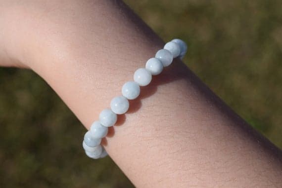 Anxiety Gemstone 6mm Stretchable White Aquamarine Bracelet Round, Smooth 7" for mens, womens.