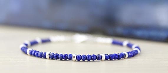 925 sterling Silver Personalized Gift Silver Helling 3-4mm stacking Blue LAPIS LAZULI Bracelet Round, Faceted 7" for mens, womens.