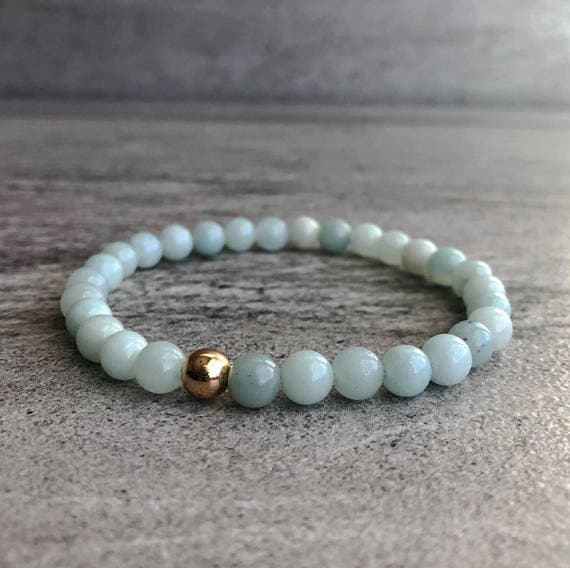 Rose Gold Anniversary Gift 6mm Sky Blue Amazonite Stretchable Bracelet Round, Smooth 18cm for mens, womens, gf, bf and adults.