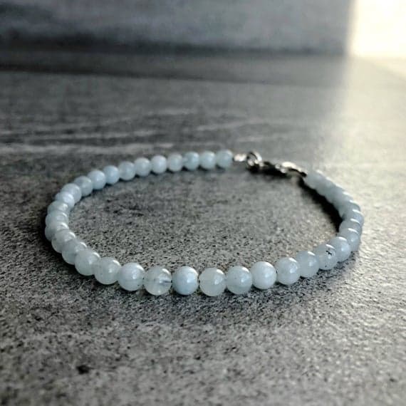 24k gold,925 stacking silver Empath Protection 4mm Sky Blue Genuine Aquamarine stacking Bracelet Round, Smooth 18cm for mens, womens, gf, bf and adults.