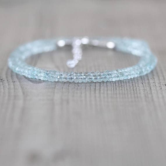 925 sterling Silver memorial gift 3mm stacking Aqua Aquamarine Necklace Rondelle, Faceted 16" for mens, womens, gf, bf & Adult.