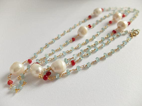 AAA++ Rare Quality Long beautiful Aquamarine necklace,rosary style Gold  filled necklace,Aquamarine smooth pebbles,large baroque white Pearls and red ruby gems 4 mm Code- TJH173