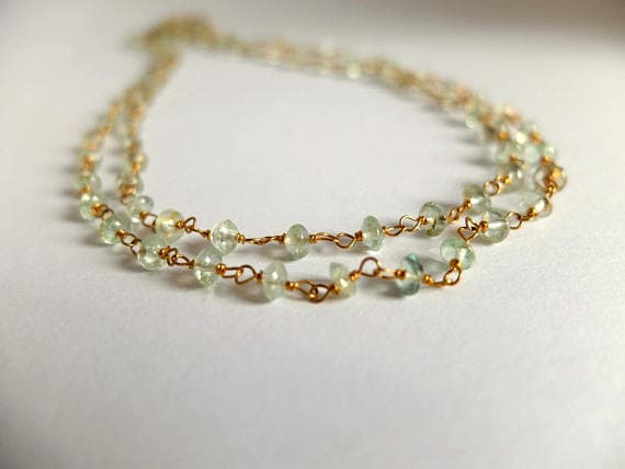 AAA++ Rare Quality Moss aquamarine smooth gemstone, long rosary style necklace Wire wrapped gemstone,Rosary style long necklace 3/4 mm Code- TJH150