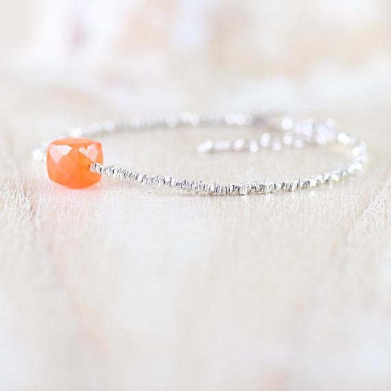 925 sterling Silver Rock Gift 7mm stacking Orange Carnelian Bracelet Box, Faceted 7" for mens, womens, gf, bf & Adult.