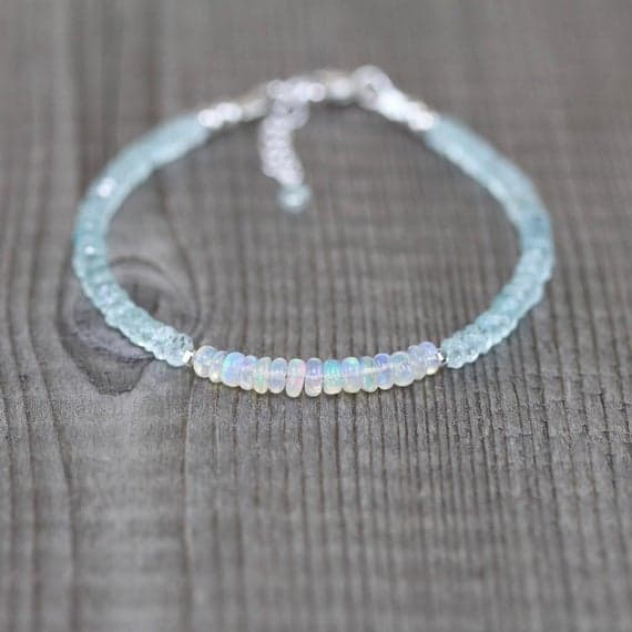925 sterling Silver Rock Gift 3.5-4mm stacking White Aquamarine & Ethiopian Welo Opal Bracelet Rondelle, Faceted & Smooth 7" for mens, womens, gf, bf & Adult.