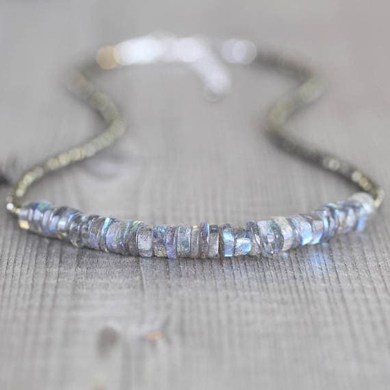 925 sterling Silver Natural Silver Helling 2.5-5mm stacking Gray Labradorite & Pyrite Necklace Tyre, Faceted 16" for mens, womens, gf, bf & Adult.