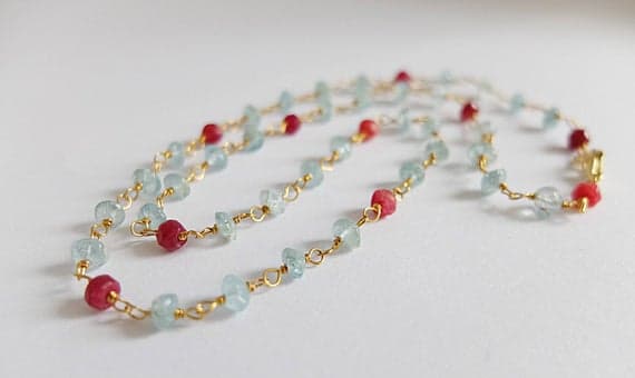 AAA++ Rare Quality Beautiful Aquamarine necklace,rosary style Gold  filled necklace,Aquamarine smooth pebbles,red Agate beads and aquamarine necklace 4-5 mm Code- TJH137