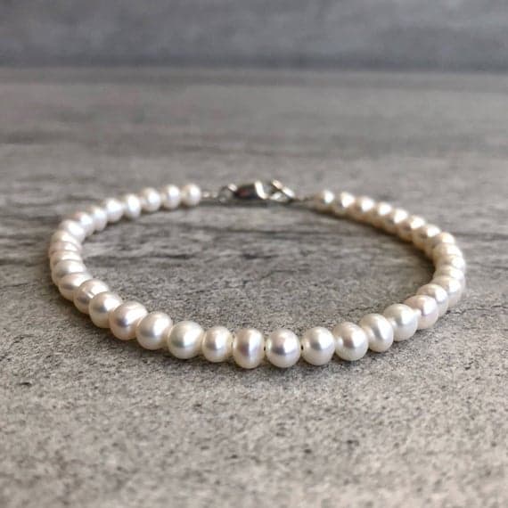 925 sterling silver love beach youth 4mm Pink Freshwater Pearl stacking Bracelet Round, Smooth 18cm for mens, womens, gf, bf and adults.