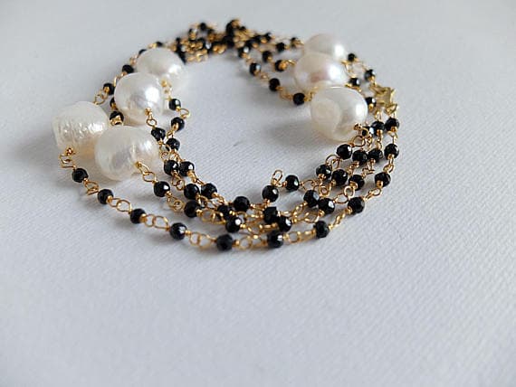 AAA++ Rare Quality Black Spinel rondelles freshwater baroque pearls,long Gold  filled necklace.Wire wrapped gemstone jewles,Rosary style long black necklace 3MM Code- TJH167