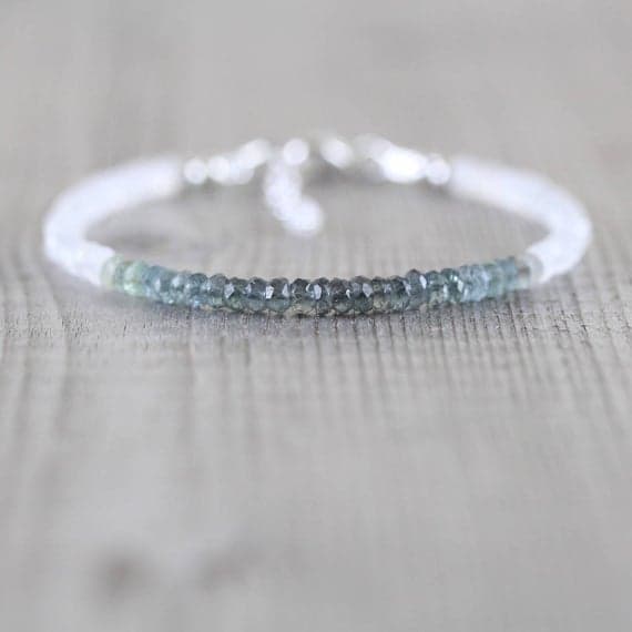 925 sterling Silver Anxiety Gemstone 3MM stacking Multi Moss Aquamarine & Rainbow Moonstone Bracelet Rondelle, Faceted 7" for mens, womens, gf, bf & Adult.